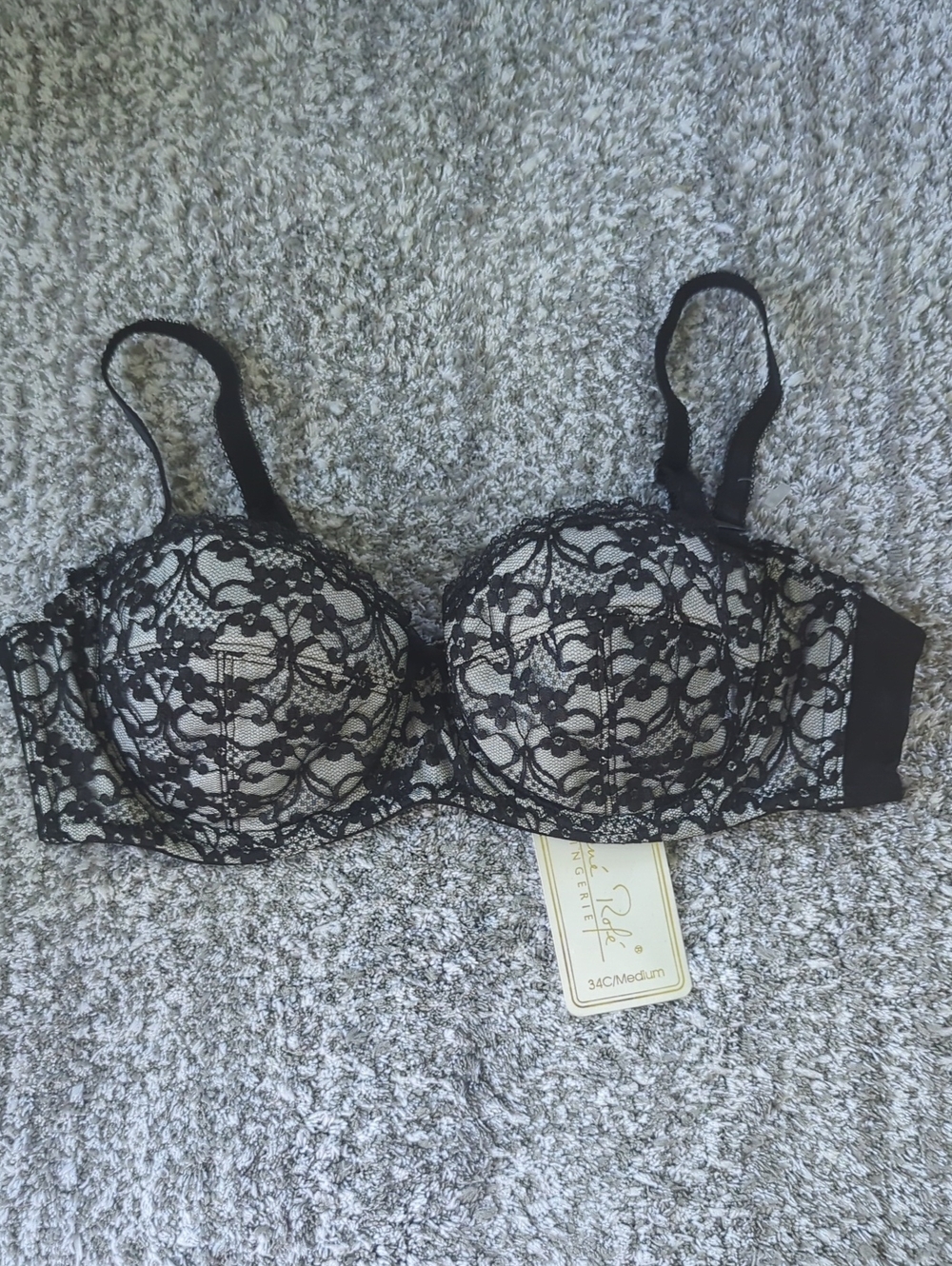 Rene Rofe Black Lace Overlay Bra with Black Lining. Removable Straps 34C /Med